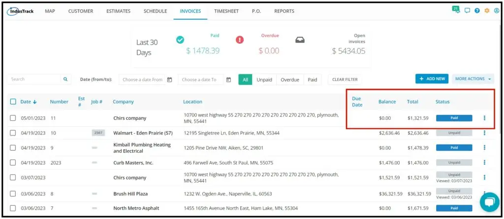 An invoice marked Paid in IndusTrack after the payment synced from QuickBooks