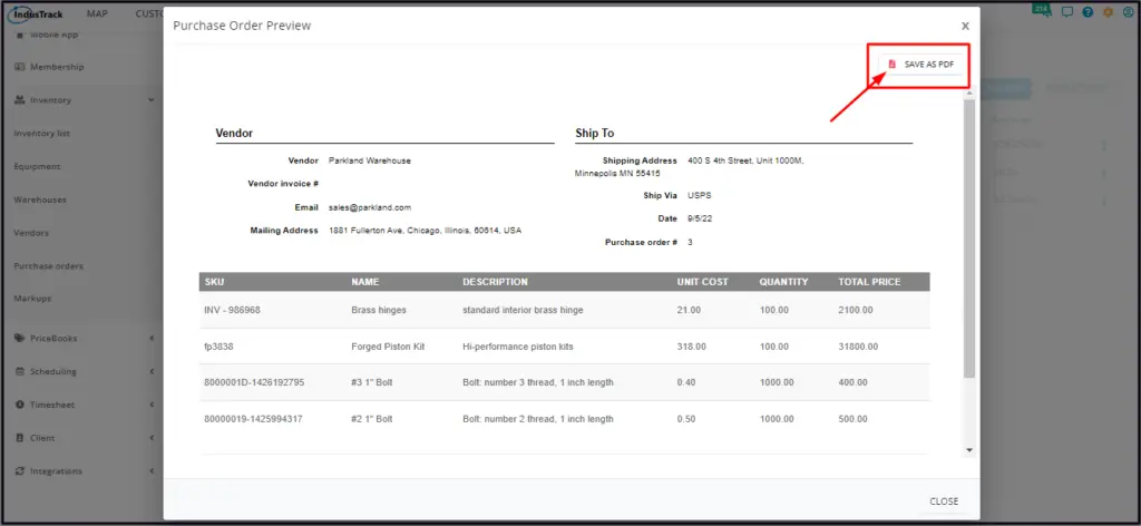The purchase order preview with the Save as PDF button