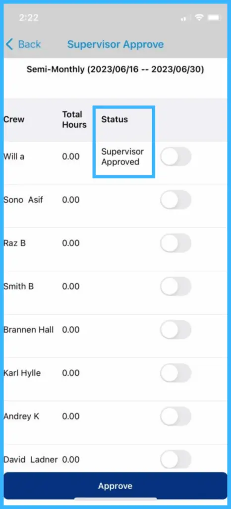 A timesheet with the status Supervisor Approved
