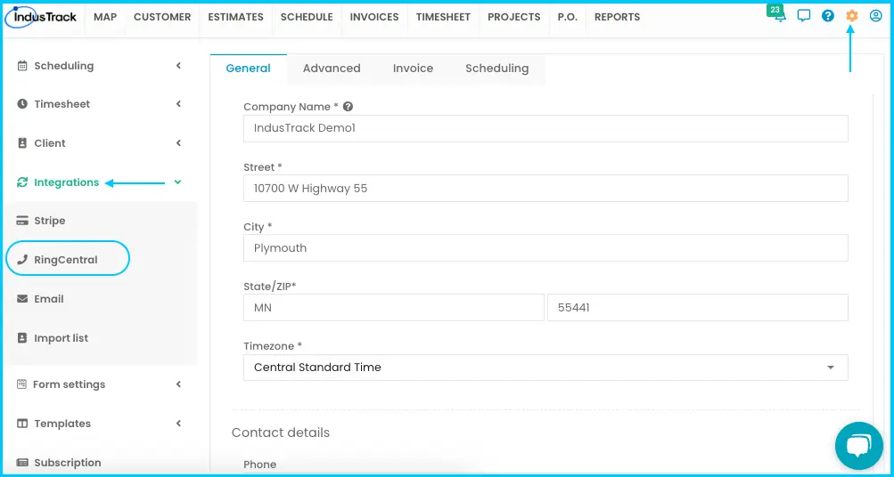The RingCentral page under Settings > Integrations