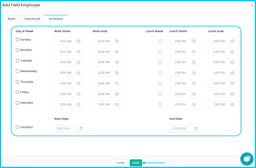 The Schedule section: work days, hours, lunch break and vacation