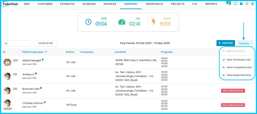 The Actions menu on the Timesheet page