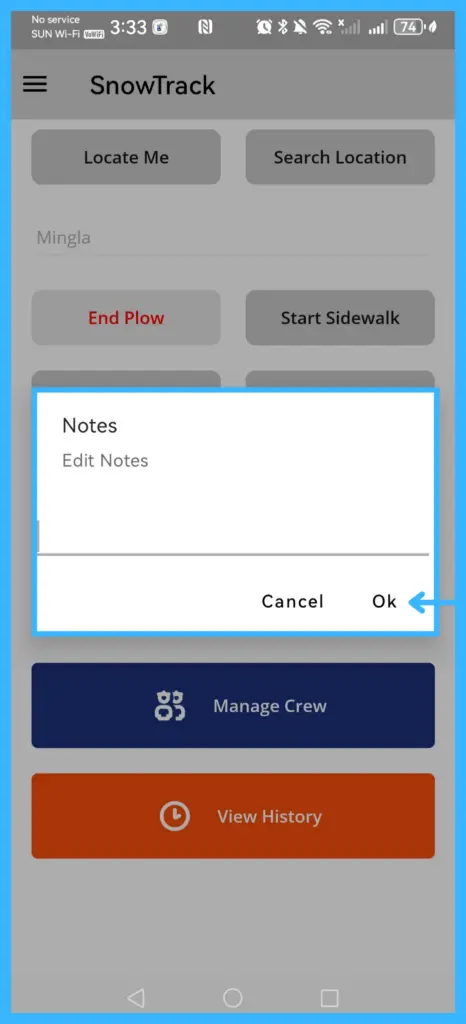 Typing a note and tapping OK