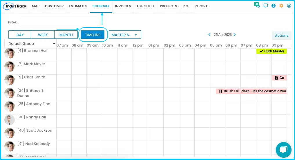 The Timeline View, with each field employee in a row and jobs as colored blocks by hour