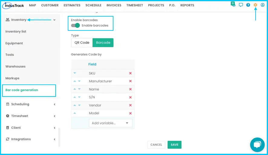 The Enable Barcodes switch on the Barcode Settings page