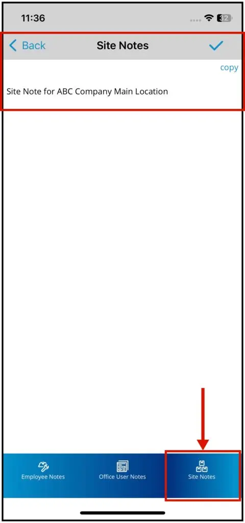The Site Notes tab with the check icon