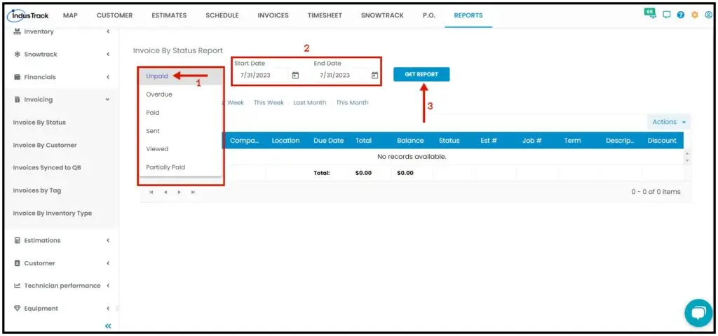 Choosing a status and dates for Invoice By Status