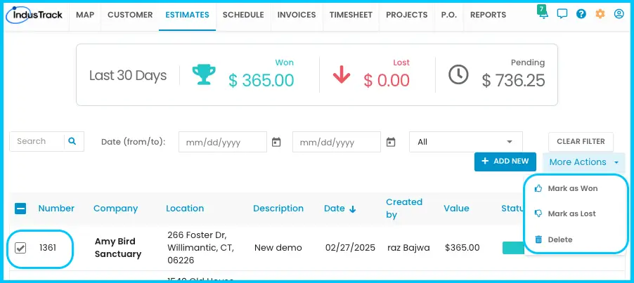The More Actions menu for selected estimates