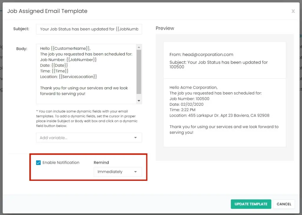 The Enable Notification checkbox and the Remind drop-down on the Job Assigned template