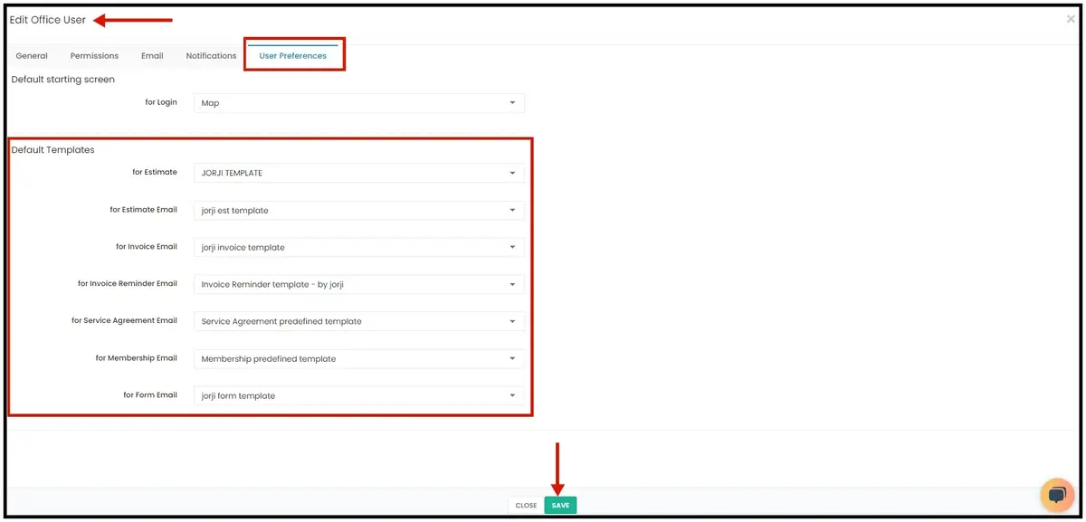 Default Templates on an office user's Preference tab
