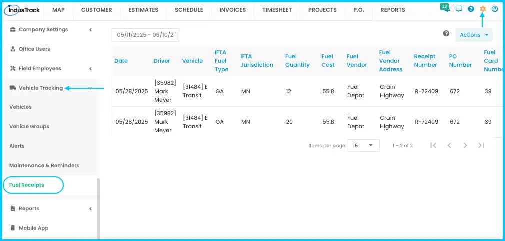 Fuel Receipts in the Vehicle Tracking settings menu