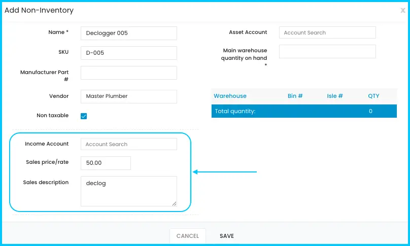 The Income Account, Sales Price / Rate and Sales Description fields for a non-inventory item