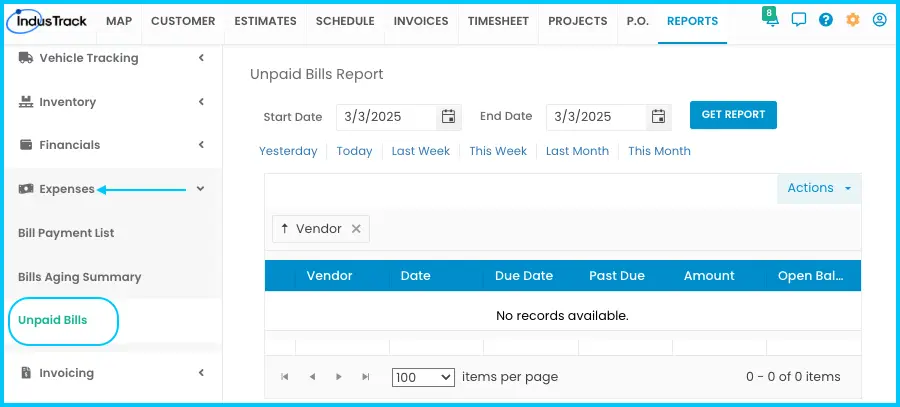 An Unpaid Bills report with its columns