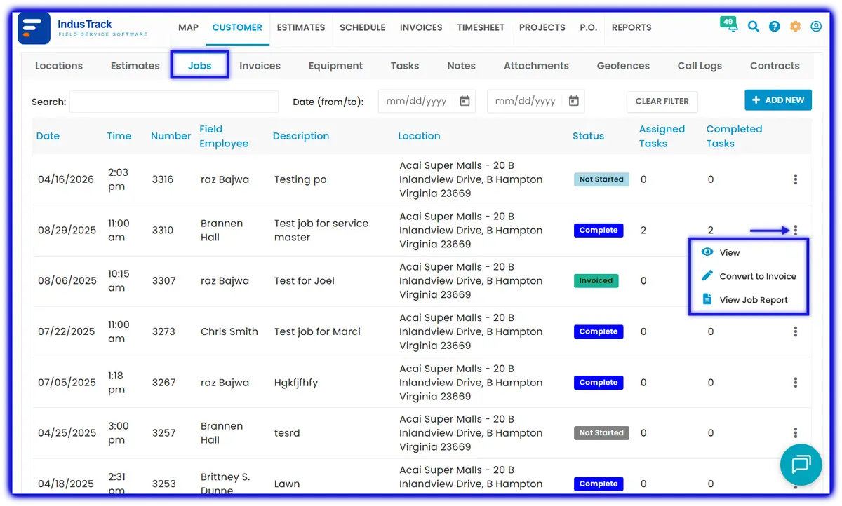 The Jobs tab with the customer's jobs and their status