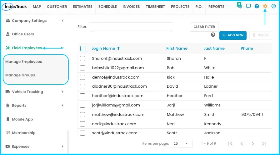 Manage Employees and Manage Groups under Settings > Field Employees