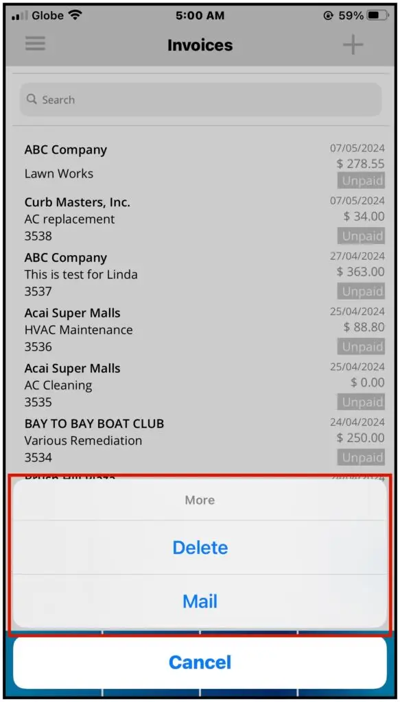 Swiping left on an invoice to show Mail and Delete