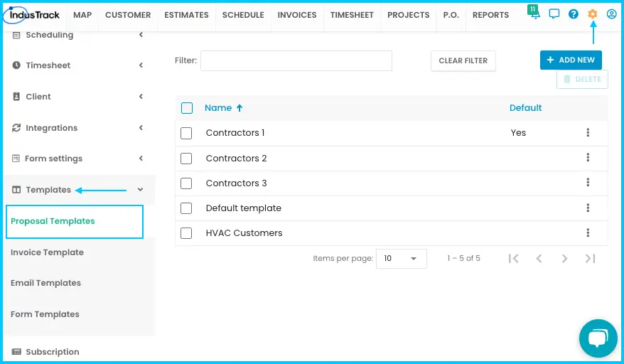 The Proposal Templates page with your saved templates