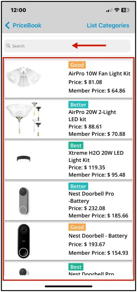 List Items showing each flat-rate item's conditions, Price and Member Price