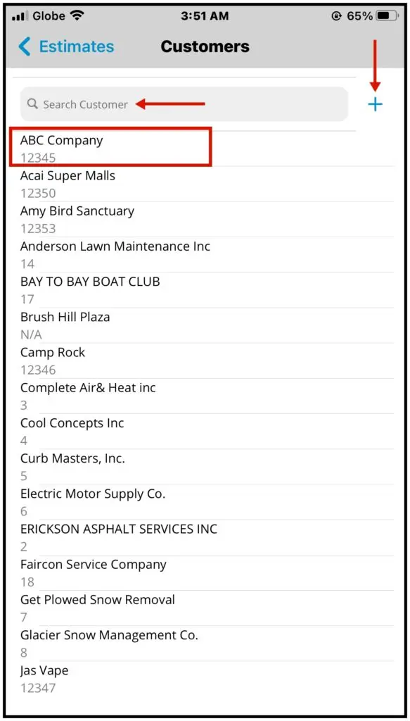 The customer list with search bar and + icon for a new customer
