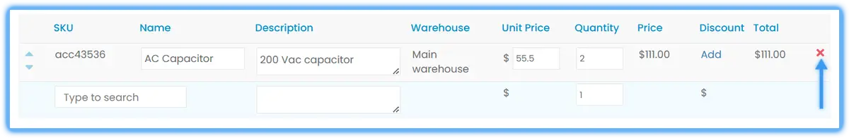 The X for removing an item from the invoice