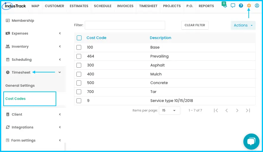 The Cost Codes page under Settings > Timesheet