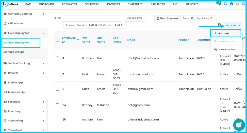 Actions > + Add New on the Manage Employees page