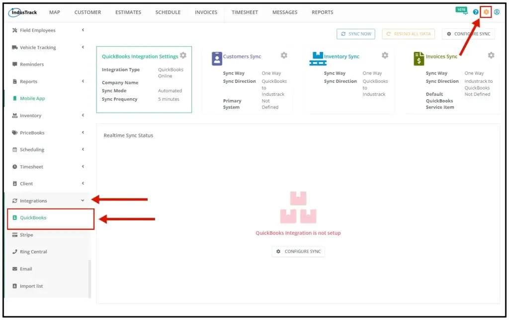 The QuickBooks page under Settings > Integrations
