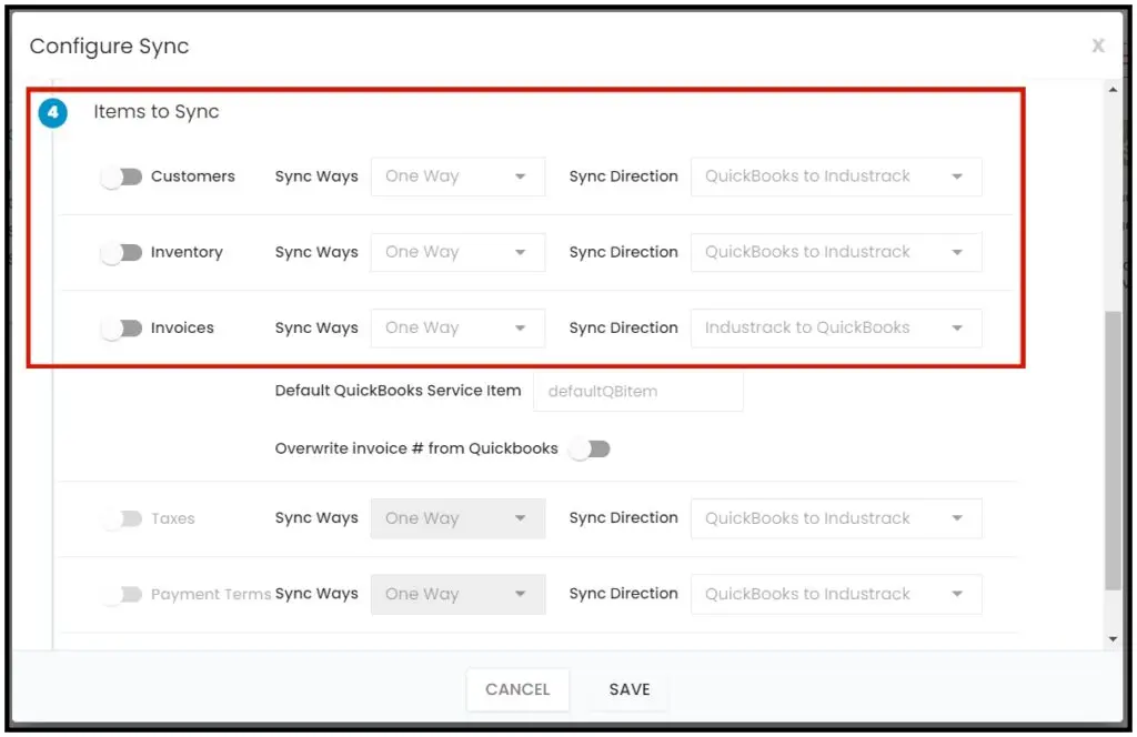 Choosing to sync Customers, Inventory and Invoices