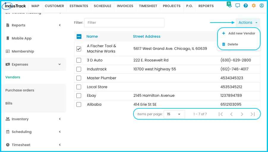 The Actions button on the Vendors list