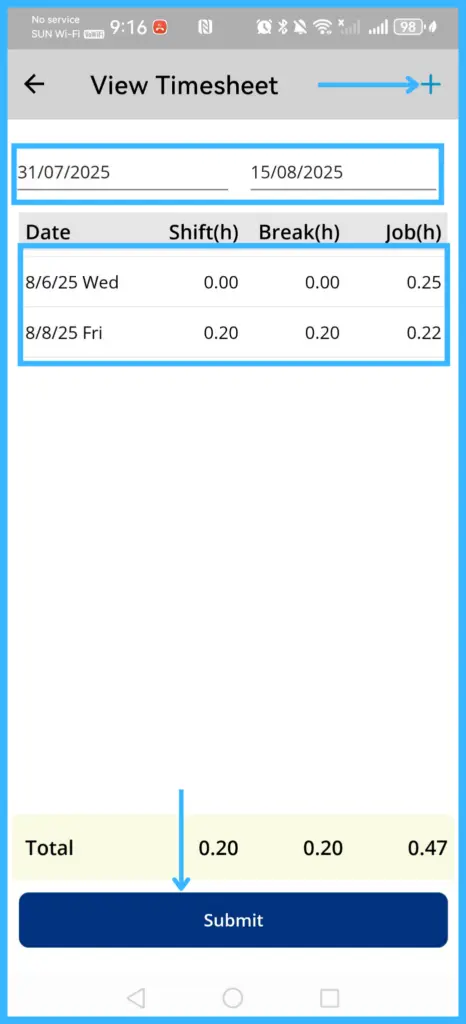 The View Timesheet page with date filters, the + icon and Submit