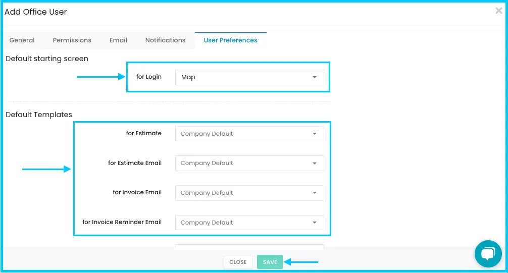 The User Preferences tab: default login screen and templates