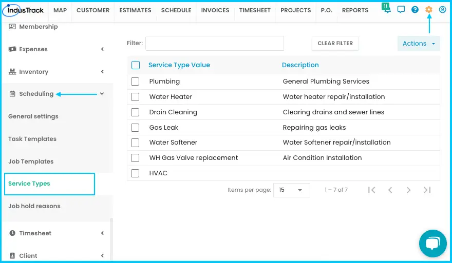 The Service Types page under Settings > Scheduling