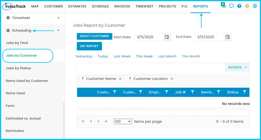 A Jobs by Customer report with its columns