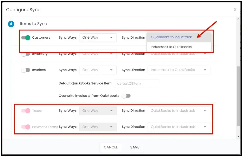 One-way customer sync from QuickBooks to IndusTrack, with taxes and payment terms