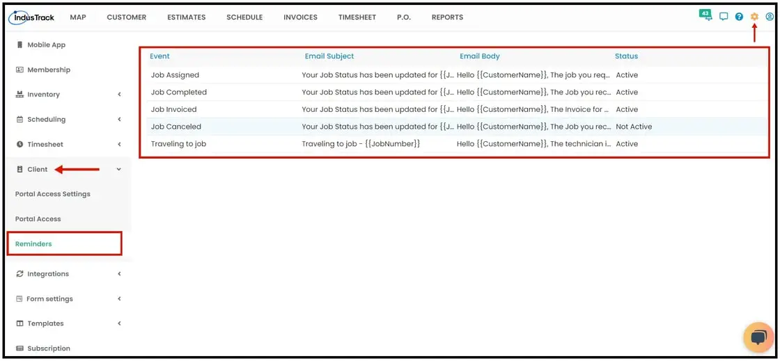 The Client Reminders tab in the Client Portal settings