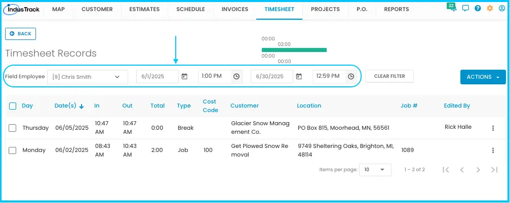 An employee's timesheet records with the date range and the employee drop-down