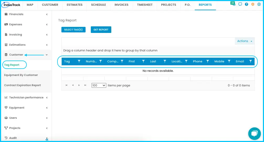 A Tag Report with its columns
