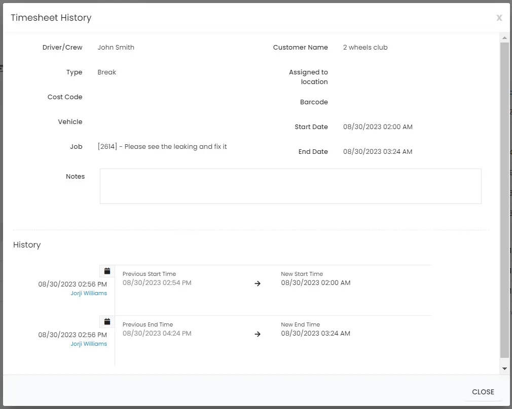The Audit Trail window showing when a timesheet was edited, by whom and what changed