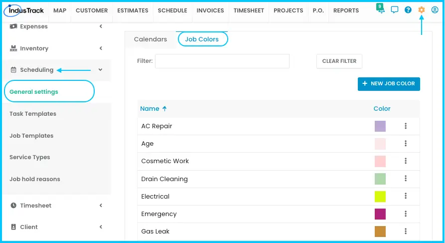 The Job Colors page under Settings > Scheduling > General Settings