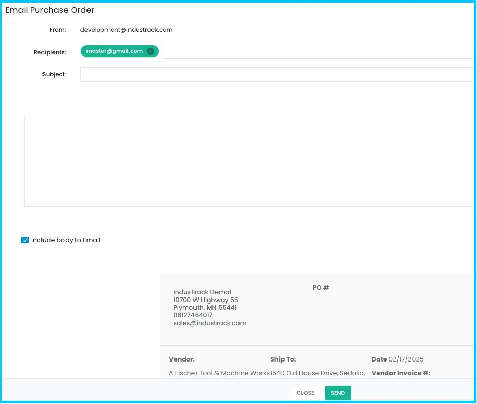 Send Mail in the 3-dot menu of an open purchase order
