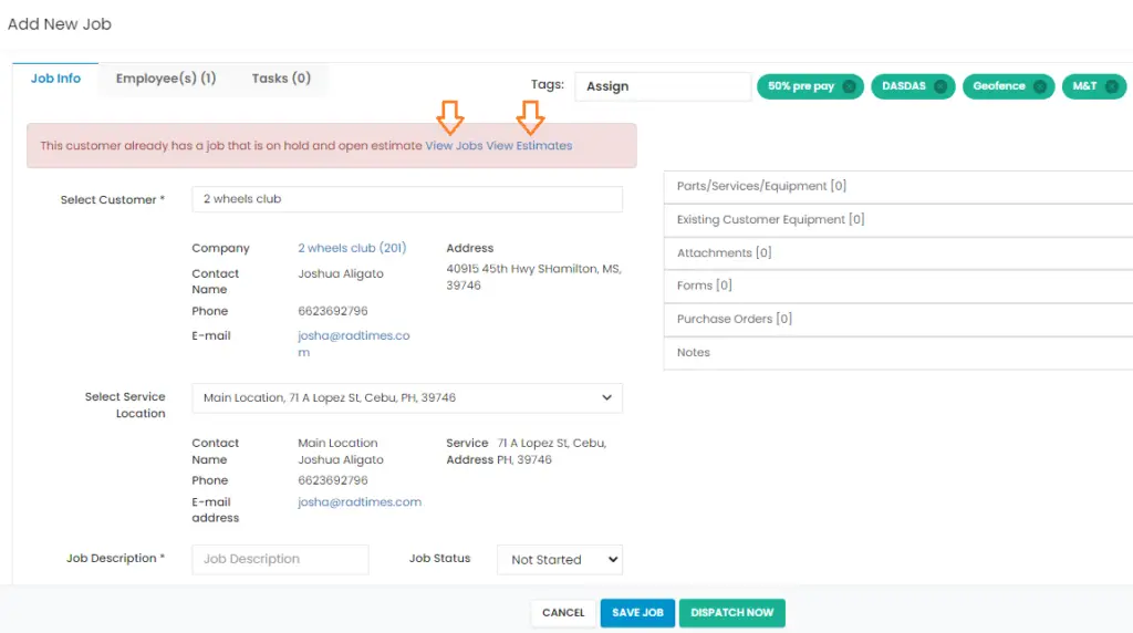 A customer's open estimate and on-hold job shown when adding a new job