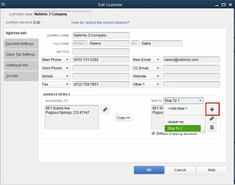 The plus icon under Ship To when editing a customer in QuickBooks