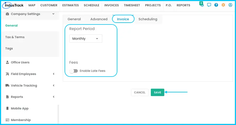The Invoice Settings section with the Invoice Report period and Enable Late Fee