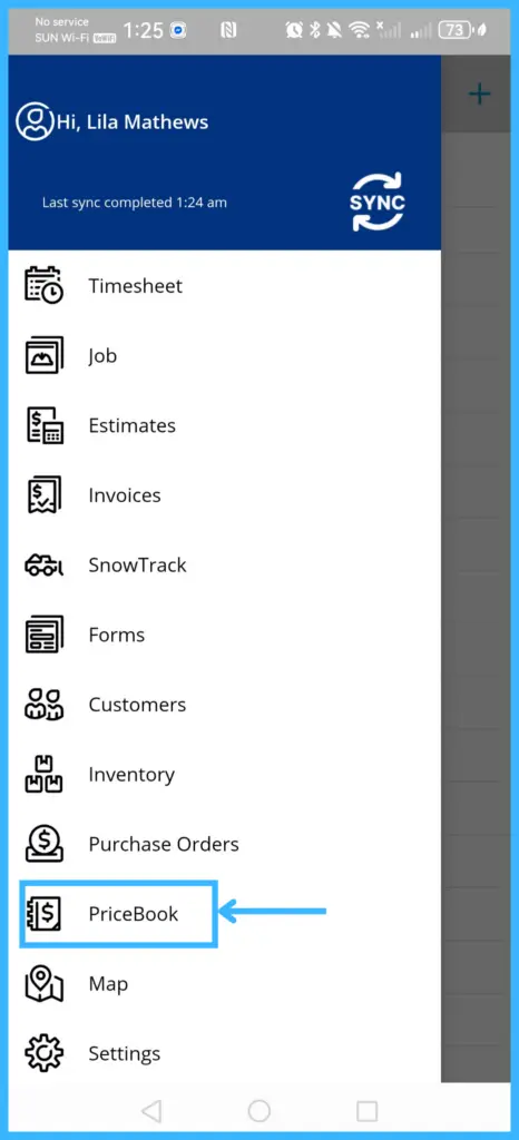 The app menu with PriceBook