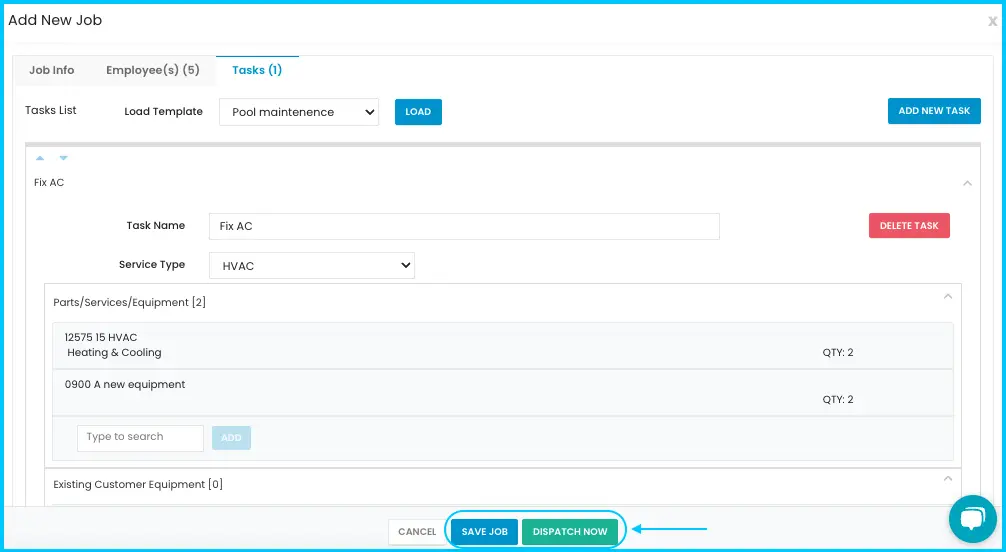The Save and Dispatch Now buttons at the bottom of the Add New Job window