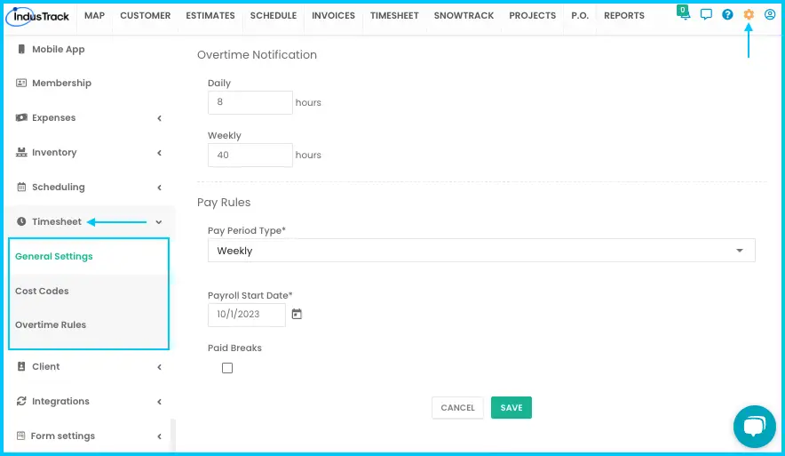 The Settings > Timesheet menu