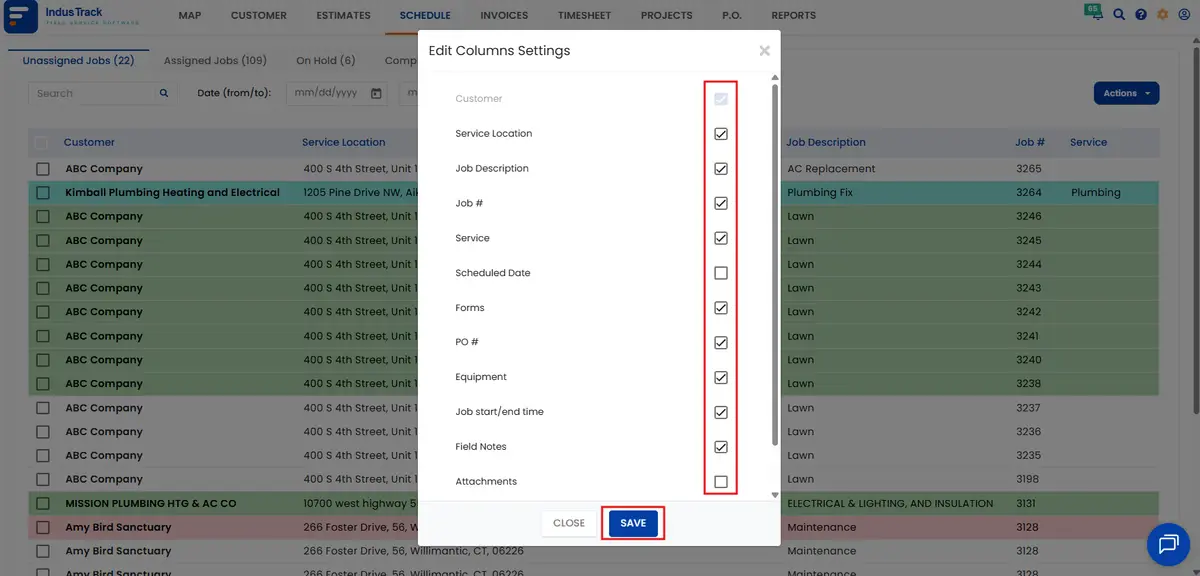 The Edit Columns Settings window with a checkbox for each column
