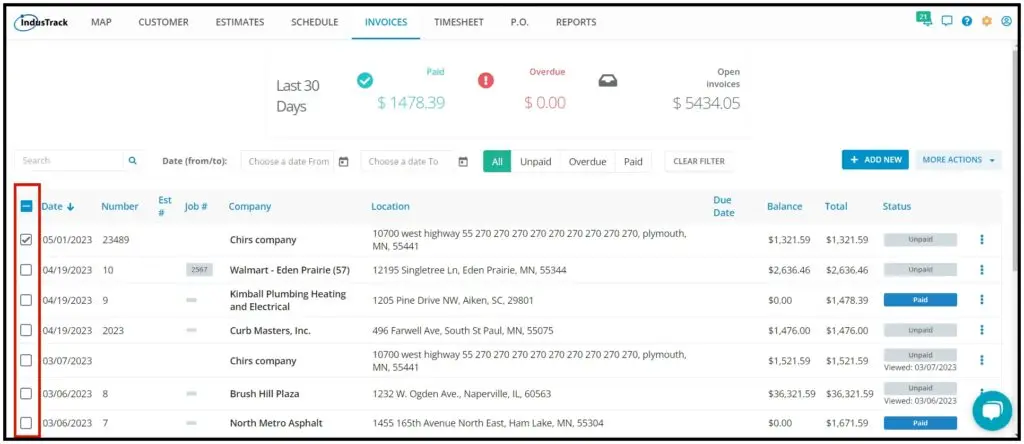 Invoices selected with their checkboxes