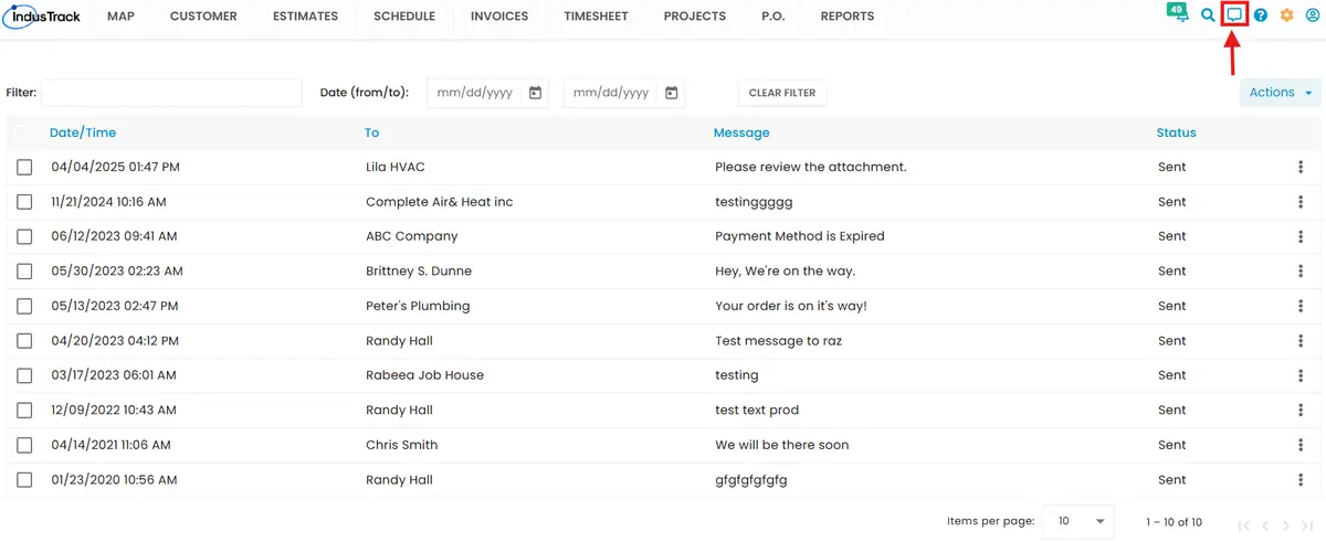 Where the chat icon used to appear in IndusTrack