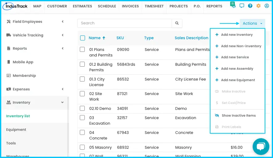 The Actions menu on the active Inventory List